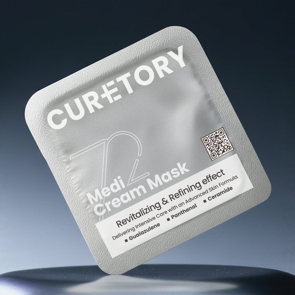 72 Medi Cream Mask bio-cellulose sheet mask sachet with minimalist packaging on a blue gradient background