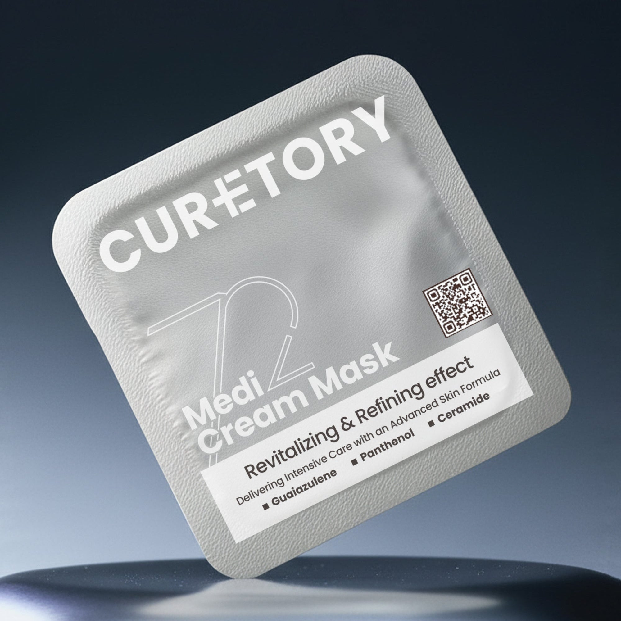 72 Medi Cream Mask bio-cellulose sheet mask sachet with minimalist packaging on a blue gradient background