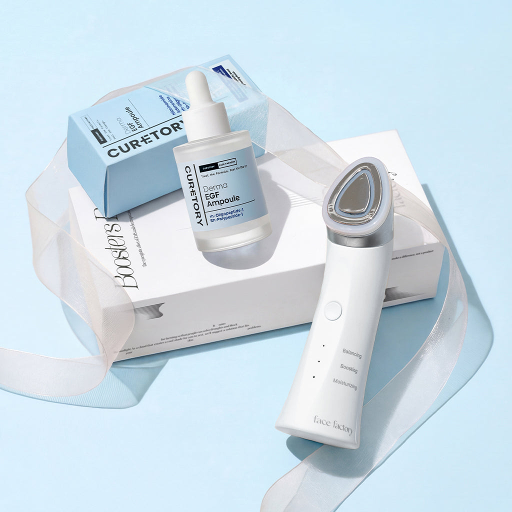 Face Factory Clear Balance Duo featuring Derma EGF Ampoule and Boosters Pro device on a light blue background