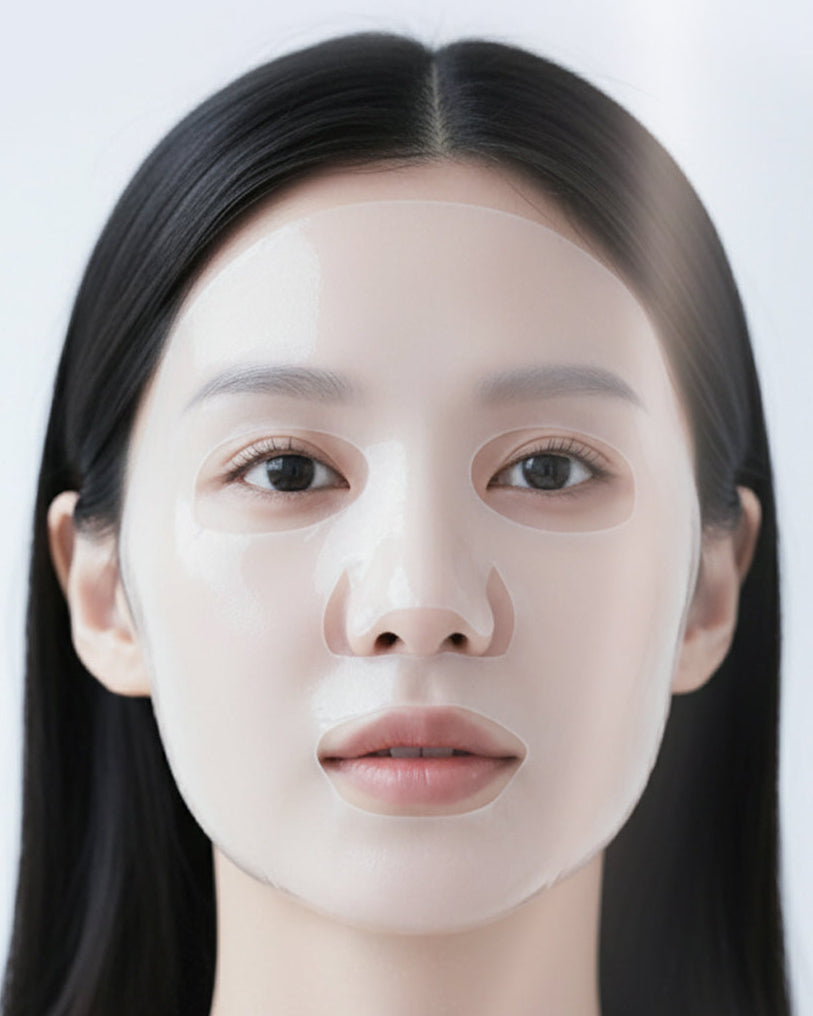 Model wearing the 72 Medi Cream Mask bio-cellulose sheet mask on the face