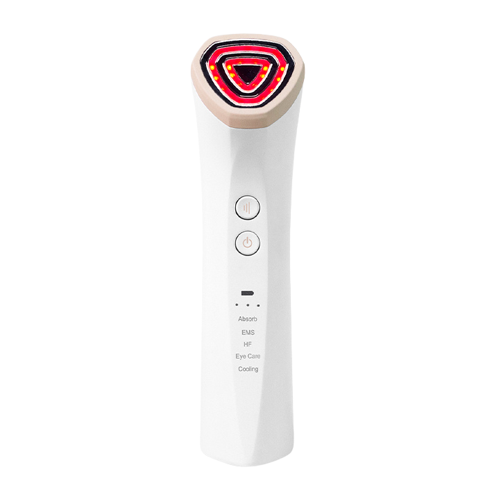 White handheld Face Factory's Rink Shot skincare device showing illuminated triangular LED head