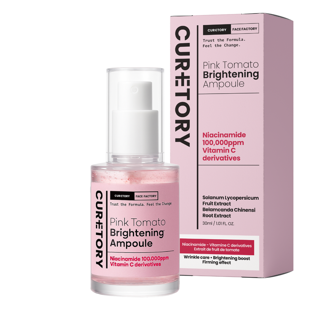 Face Factory Pink Tomato Brightening Ampoule bottle displayed with product box